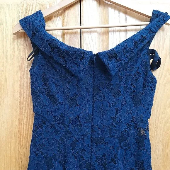 Xscape Womens Navy Lace Off-The-Shoulder Hi-Low Midi Dress Petites 2P  Pre-owne - Picture 7 of 16